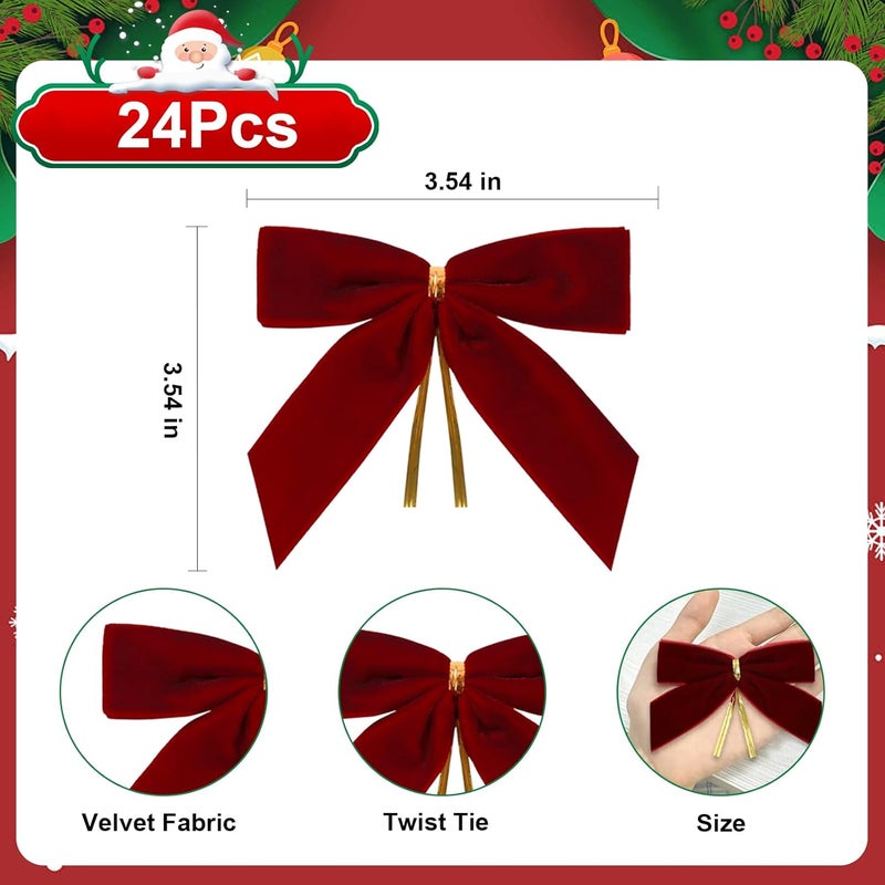 CCILAND Store 24 Pcs Burgundy Small Velvet Bows for Christmas Tree, 3.54 Inch Mini Christmas Bows for Gift Wrapping, Twist Tie Velvet Bows Xmas Ornaments for Wreath, Crafts, Party, Wedding - Image 2